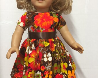 Thanksgiving Dress, 18 Inch Doll Dress, Vibrant Fall Colors, Satin Belt, Belt Loops, Vintage Style Fabric, Lined Bodice,