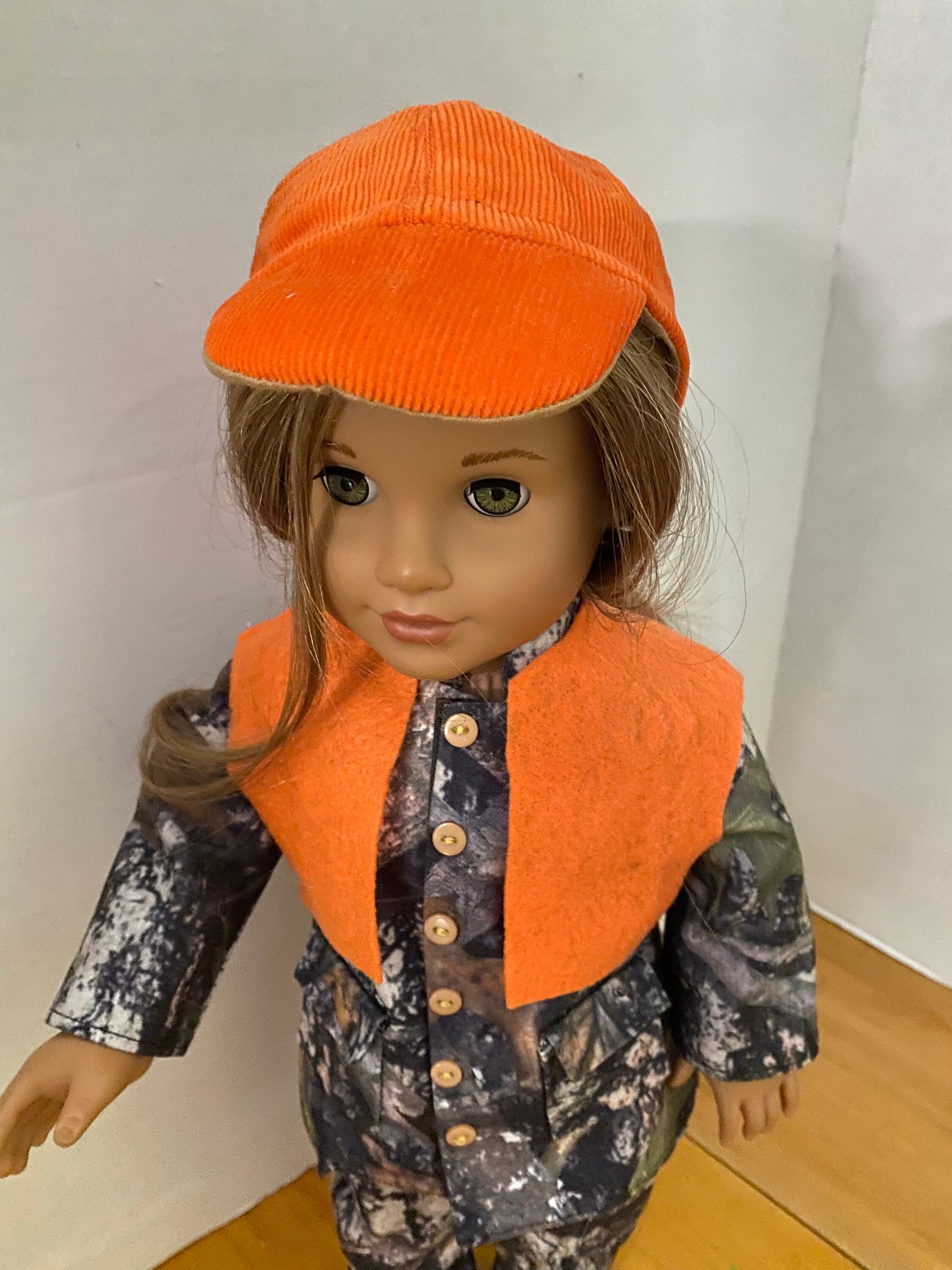 Hunting Camo, for 18inch Dolls, Bright Orange Vest, and Cap