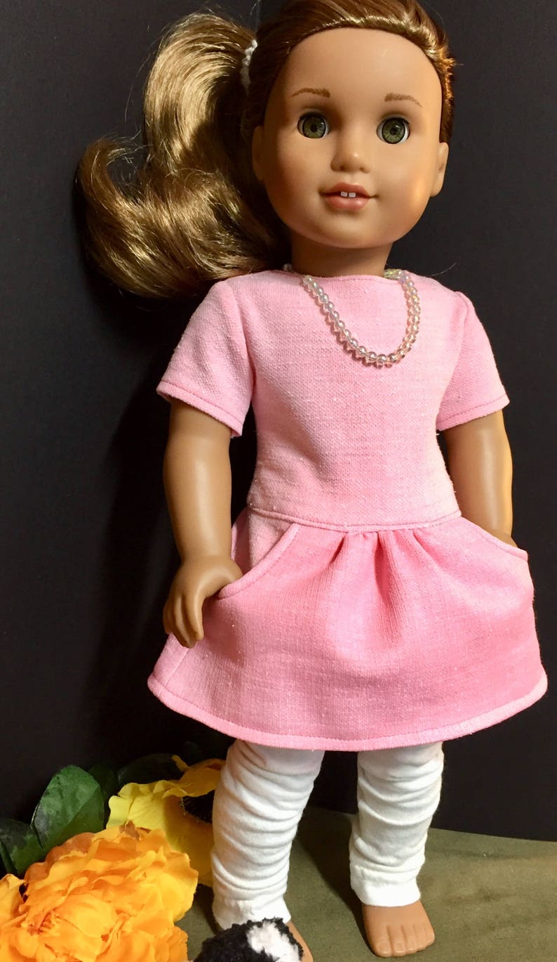 Doll Outfit, Pink Knit, 18 inch Doll Outfit, Doll Leggings, Necklace Included, End of School Gift, Drop Waist, Inset Pockets, Birthday Gift image 2