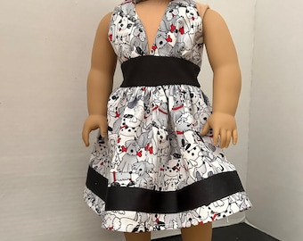 Doll sundress, dog fabric, fits 18inch doll, birthday party gift, doll party dress, girly girl dress, made by whosthatdoll, hand made