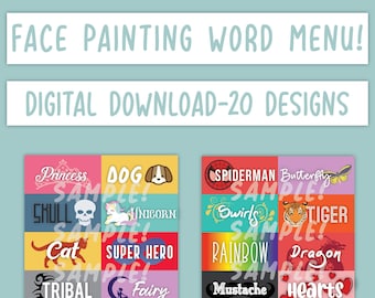 Face Painting Word Board - 20 Designs, Face Painting Designs Menu, Printable PDF Files, Digital Download