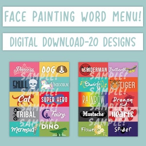 Face Painting Word Board - 20 Designs, Face Painting Designs Menu, Printable PDF Files, Digital Download
