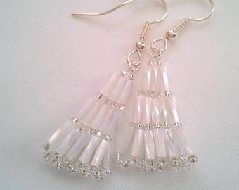 White Seed Bead Earrings, Dangle Earrings, Drop Earrings, Miyuki Bead Earrings, Unique Fringe Earrings, Silver Earrings