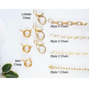May include: Four different styles of gold chains with lobster and bolt clasps. The chains are labeled "Style 1 Chain", "Style 2 Chain", "Style 3 Chain", and "Style 4 Chain".