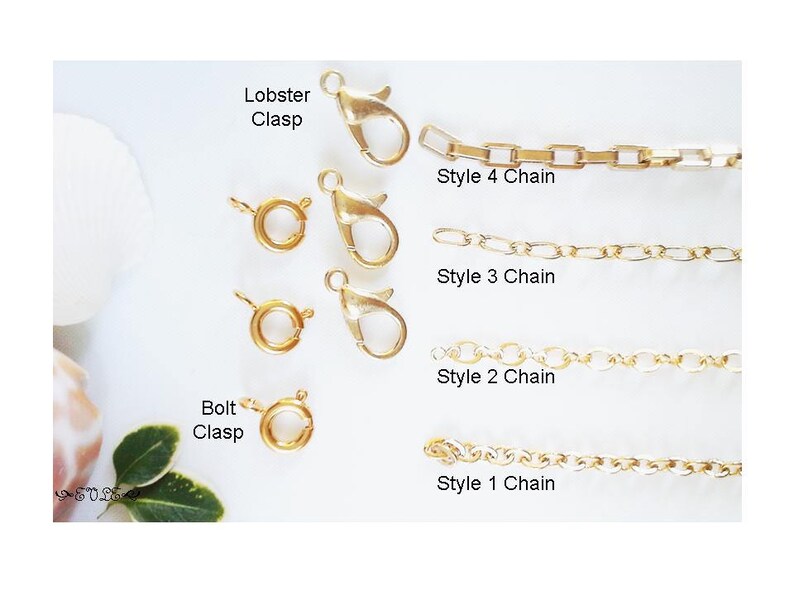 May include: Four different styles of gold chains with lobster and bolt clasps. The chains are labeled "Style 1 Chain", "Style 2 Chain", "Style 3 Chain", and "Style 4 Chain".