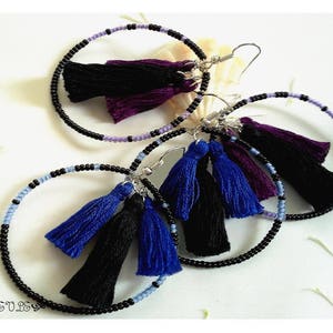 Beaded Hoop Tassel Earrings: Miyuki Beads, Silver Plated Hooks