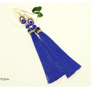 Handmade Long Blue Tassel Earrings: Miyuki Beads, 14k Gold Filled