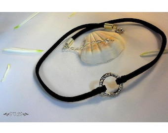 Black Suede Leather Choker: Circle Pendant Necklace