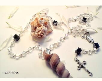 Full Catholic Rosary, Unique Crystal and Hematite Rosary, First Communion Rosary, Wedding Gift, Religious Gift, Gift for Bride ad Groom