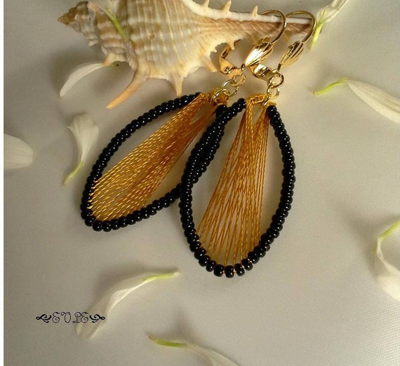 Gold & Black Miyuki Bead Earrings: Peruvian Thread Woven Earrings