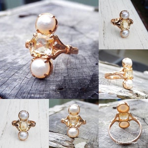 Anillo antiguo de zafiro amarillo y perla