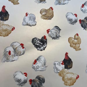 May include: A repeating pattern on a light cream background featuring multiple illustrations of chickens in various colors including white, tan, black, and grey. Each chicken has a distinct red comb and wattle, depicted in a stylized, painterly fashion.