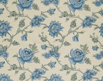 Floral Print Fabric: Blue 100% Cotton Upholstery Drapery Pillows New
