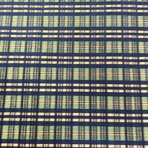 May include: Close-up of a fabric with a plaid pattern. The design features a grid of navy blue, light green, and white stripes, with thin red lines. The fabric has a textured appearance.