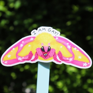 May include: A colorful moth sticker with the text "I AM GAY!" The moth has yellow wings with pink edges and white stars. The moth's body is yellow with pink fur and a rainbow mouth. The sticker is on a light blue stick.