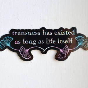 May include: A black sticker with the text "transness has existed as long as life itself." The sticker has a decorative shape with blue and pink leaf-like designs on each side.