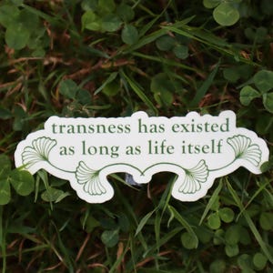 May include: A white sticker with the text "transness has existed as long as life itself" in a green font. The sticker has a decorative border and is set against a background of green grass and clover.