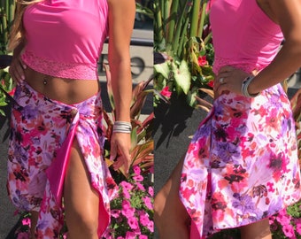 Fuchsia Floral Print Wrap Tango Skirt