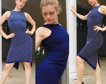 Tango dress, navy dots reverses to solid navy