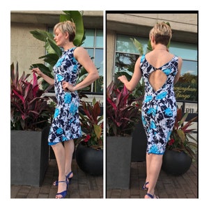 Dress, reverses to solid blue