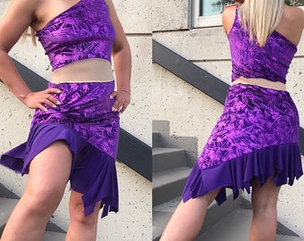 Latin dance purple velvet one shoulder performance dresd