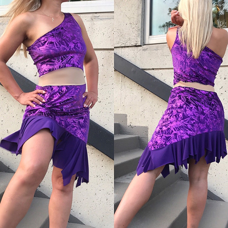 Latin dance purple velvet one shoulder performance dresd image 1