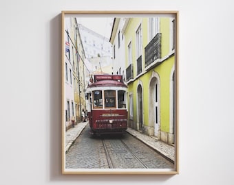 Lisbon Tram Street Scene | Portugal Travel Photography Print | Vintage Red Tram in Alfama | European City Wall Art | Digital Download
