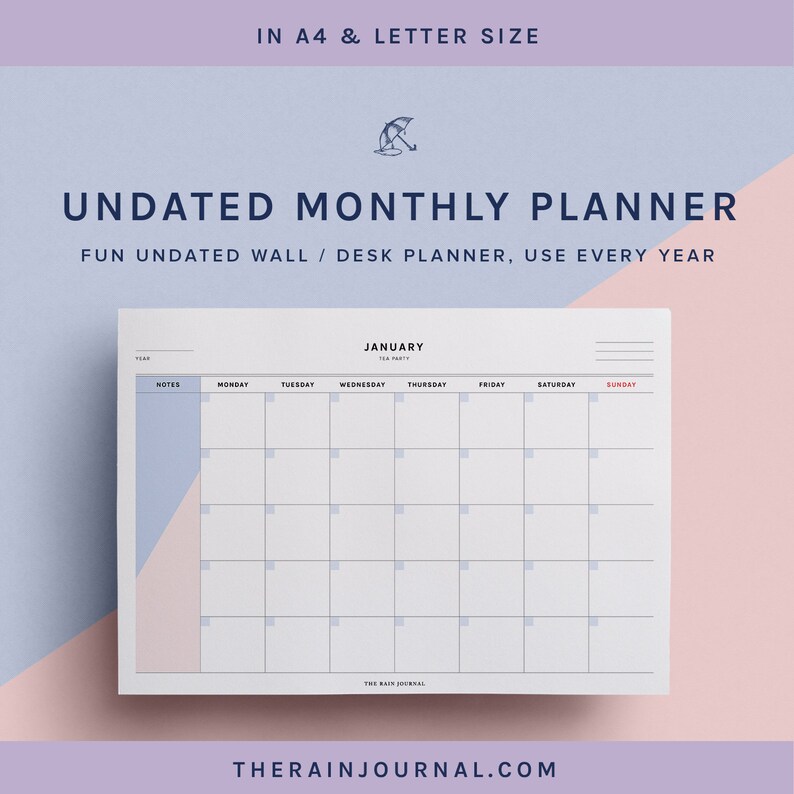 undated calendar undated monthly planner printable