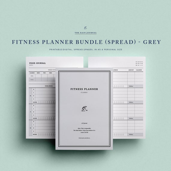 Printable Fitness Planner Bundle A5 Personal Kikki K Filofax Calorie Tracker Food Journal Workout Tracker Fitness Goals Grey