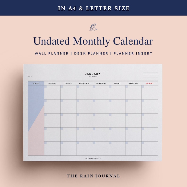 undated calendar undated monthly planner printable calendar etsy