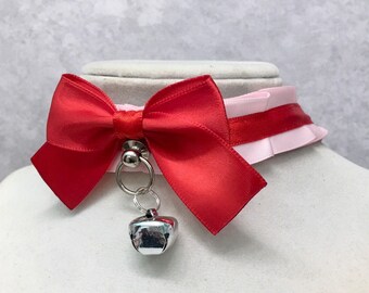 Pink and Red Choker, Valentines Collar, Pink and Red Kittenplay Petplay Collar, BDSM Collar, DDLG Collar, Submissive Collar, Ribbon Choker