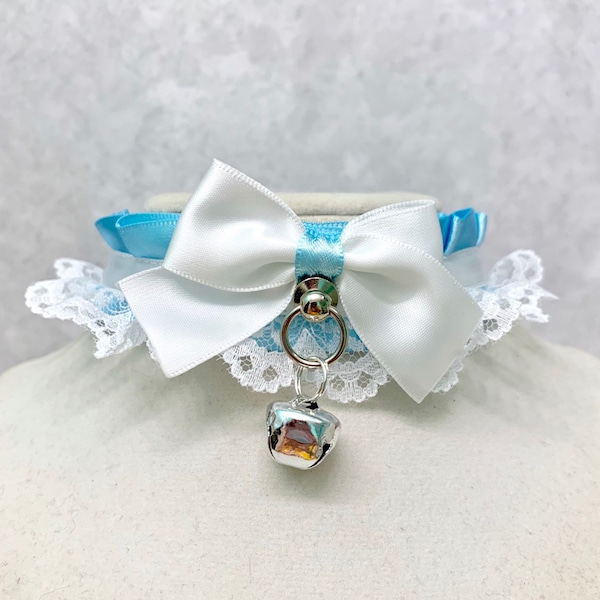 Baby Blue and White Lace Collar, Petplay BDSM Collar, DDLG Choker, Blue Submissive Collar, Blue Cosplay Choker