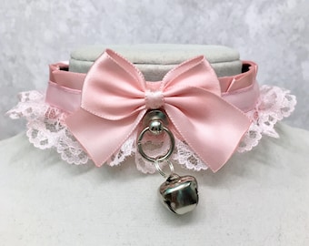 Pastel Pink Lace Kittenplay Collar, BDSM Collar, DDLG Petplay Collar, Submissive Collar, Cosplay Choker, Pastel Pink Lolita Choker
