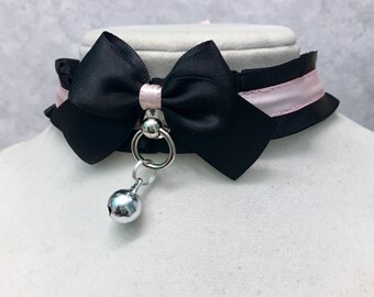 Black and Pink Collar, Kittenplay Collar, Petplay BDSM Collar, Cosplay Collar, Submissive Collar, DDLG Little, Lolita Collar Tug Proof