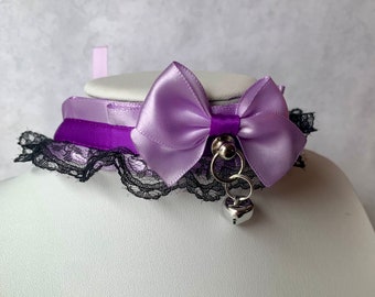 Purple, Black, Lavender Lace Petplay Collar, Petplay BDSM Collar, Lolita Lace Collar, Pastel DDLG Choker, Cosplay Choker, Submissive Collar