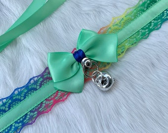 Rainbow and Mint Green Collar, Rainbow Petplay Collar, Rainbow Mint Green Choker, LGBT Pride Choker, DDLG Collar, Cosplay BDSM Collar