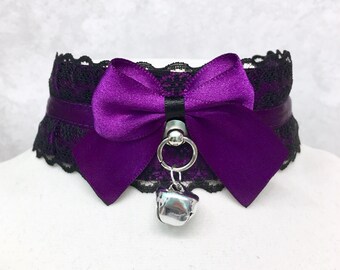 Wide Purple and Black Lace Collar, BDSM Submissive Collar, DDLG Collar, Lolita Purple Collar, Choker, Tug Proof Collar