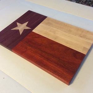 Texas flag wood cutting board with maple, padauk, and purpleheart with inlayed Maple star, assorted sizes, decorative tray, double sided