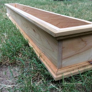 Customizable decorative top and bottom edges cedar box window planter, assorted sizes, natural, ready to plant, rectangular, drain holes