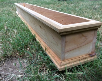 Customizable decorative top and bottom edges cedar box window planter, assorted sizes, natural, ready to plant, rectangular, drain holes