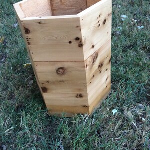 Puede incluir: Un macetero hexagonal de madera natural con un acabado r&uacute;stico. El macetero est&aacute; vac&iacute;o y se encuentra sobre un lecho de hierba verde.