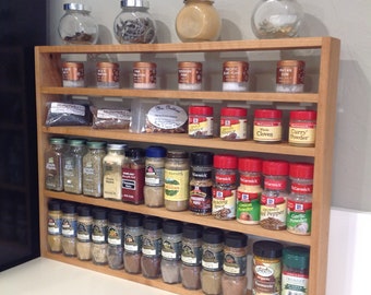 Customizable countertop spice rack, fixed shelves, assorted wood types, hidden screws