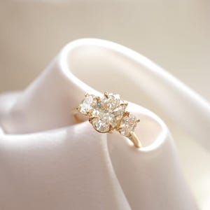 1.50 TC Oval Cut Trilogy|Oval Three Stone Ring|14k Solid Yellow Gold|Past-present-Future Ring|Cathedral Band|Wedding Ring|Anniversary Gift