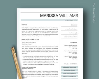 Puede incluir: Una plantilla de currículum vitae con el nombre "MARISSA WILLIAMS" en la parte superior. El documento incluye secciones para perfil, experiencia profesional, educación y habilidades. Un bolígrafo dorado descansa sobre el documento, sobre un fondo turquesa.