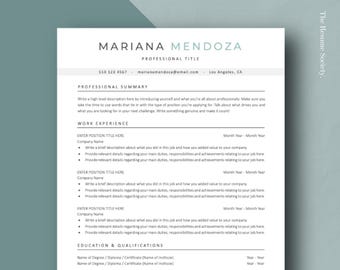 Puede incluir: Una plantilla de currículum vitae con el nombre "MARIANA MENDOZA" en la parte superior, seguido de información de contacto y un resumen profesional. El documento incluye secciones para experiencia laboral y educación, con texto de marcador de posición.
