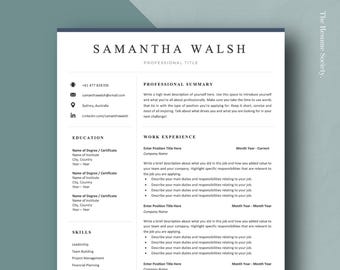 Puede incluir: Una plantilla de currículum vitae con un diseño limpio y moderno. El documento presenta el nombre "SAMANTHA WALSH" en la parte superior, seguido de secciones para un resumen profesional, educación, habilidades y experiencia laboral. El diseño es blanco con detalles en azul marino.