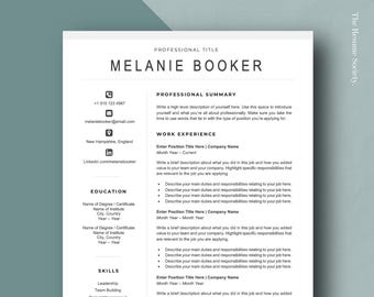 May include: A clean, modern resume template with a white background and black text. The name "Melanie Booker" is prominently displayed at the top, followed by sections for professional summary, work experience, education, and skills. Contact information is listed on the left.
