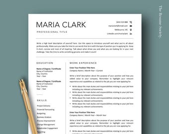 May include: A professional resume template with the name "MARIA CLARK" at the top. The resume includes sections for education, work experience, and skills. A gold pen rests on the left side of the resume.