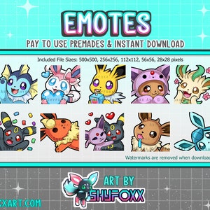 Eevees Emote Pack Premade voor Twitch, Tiktok, Discord Download Digitale bestanden Twitch Aangepaste Emotes en Badges (Eevee Umbreon Flareon Sylveon)