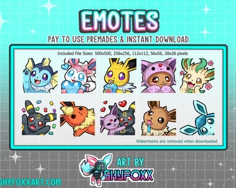 Puede incluir: Un conjunto de nueve emoticonos digitales con varios personajes de dibujos animados. Los emoticonos están en diferentes poses y expresiones, incluyendo un personaje que sostiene un corazón, un personaje que bebe de una caja y un personaje con la lengua fuera. Los emoticonos están disponibles en varios tamaños, incluyendo 500x500, 256x256, 112x112, 56x56 y 28x28 píxeles. El texto "EMOTES" está en la parte superior de la imagen, y el texto "PAY TO USE PREMADES & INSTANT DOWNLOAD" está debajo. El texto "ART BY SHYFOXX" está en la parte inferior de la imagen.